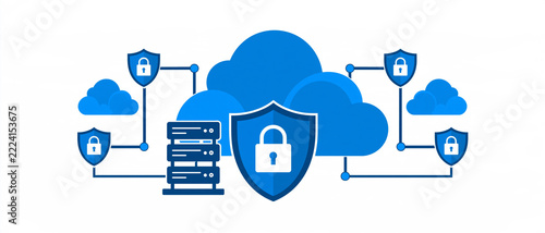 Protection cloud et infrastructure : réseau de serveurs sécurisé connecté par des nœuds de boucliers et de cadenas, isolé sur fond blanc