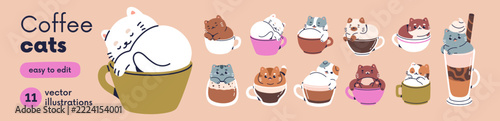 Cats in cups. Cute coffee cups with cats, vector illustrations set. Cute kawaii kittens inside teacups, coffee mugs. Kitty in latte, cappuccino, espresso. Funny cafe drinks. Flat illustrations