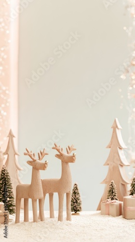 Christmas wooden reindeer in snowy winter scene with copy space