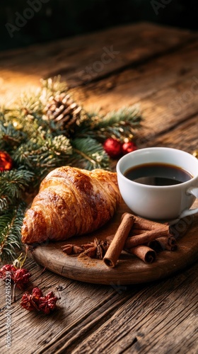 Christmas breakfast with croissant coffee and festive decorations