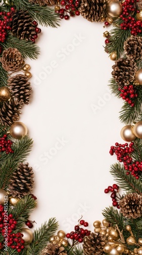Christmas frame with pine cones red berries and fir branches