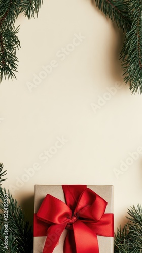 Christmas gift box with red bow and fir branches with copy space