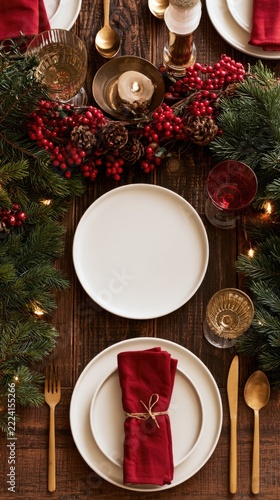 Elegant Christmas dinner table setting with festive decorations
