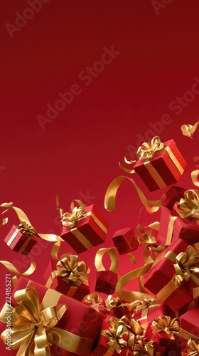 Christmas red gift boxes with golden ribbons on festive red background
