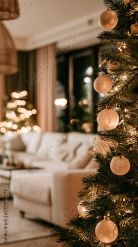 Elegant Christmas tree with warm lights in cozy living room