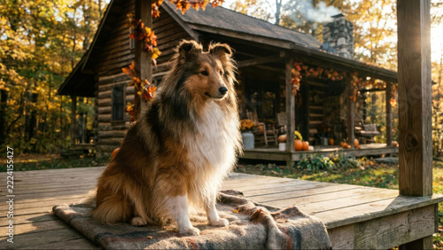 Sable Shetland Sheepdog Sitting on Wooden Cabin Porch in Autumn
