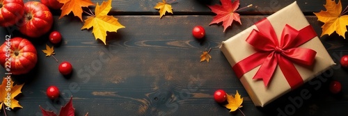 Rustic Autumn Rowan Furoshiki Gift Top View Flatlay , present, copy space