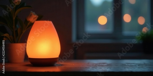 Subtle glow of aroma lamp illuminating tabletop, glow, serenity, table