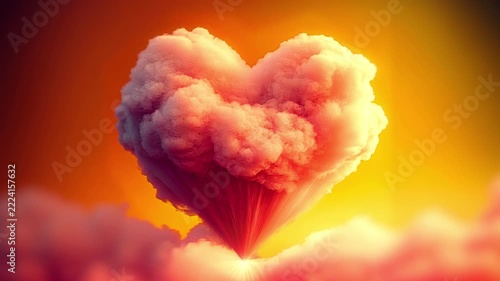 A fluffy heart-shaped cloud drifts across a pastel sky. The graceful transition of color from pink to orange adds serenity to the composition