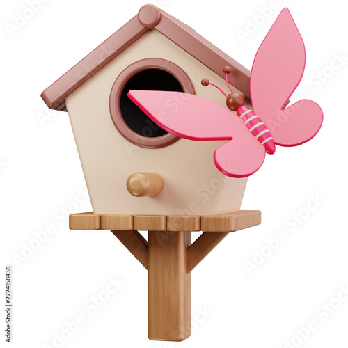 Birdhouse Nesting Box With Butterfly 3D Illustrations