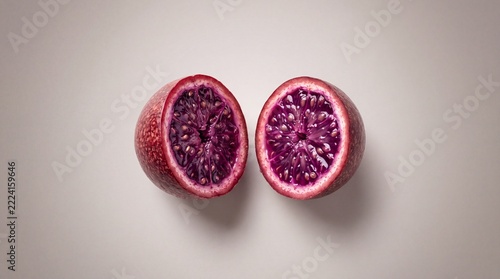 Two Halves of a Reddish-Purple Exotic Fruit, Revealing Vibrant Pulp and Seeds on Neutral Background