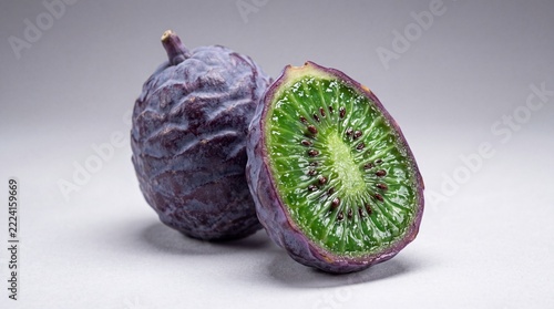 Macro View of a Purple-Skinned Fruit Halved to Reveal Green Kiwi-Like Interior, Studio Shot