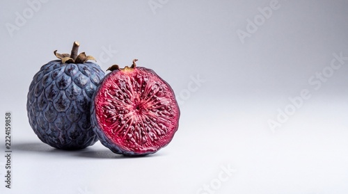 Macro Photography of a Halved Blue-Skinned Fruit with a Deep Red, Textured Interior