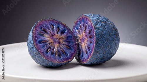 Close-up of a Unique Blue-Skinned Fruit Cut Open to Reveal a Mesmerizing Blue-Purple Core