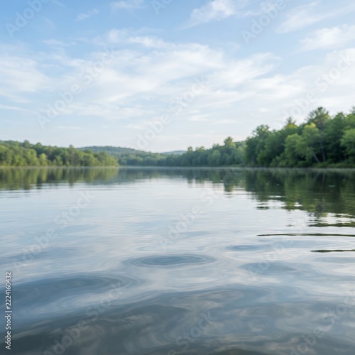 Serene Lake Reflecting Lush Green Trees and Blue Sky on a Sunny Day.