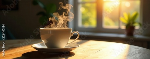 Steam rises from a teacup, sunlight streams through a window, casting shadows on a wooden table , calmness, stock photo, breakfast