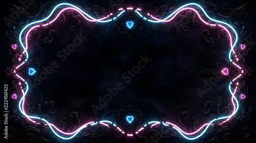 Neon cyberpunk frame with wavy glowing lines and copy space on dark background