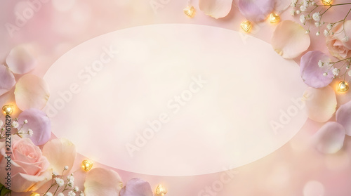Romantic pastel pink and purple floral background with oval copy space framed by soft rose petals and glowing bokeh lights