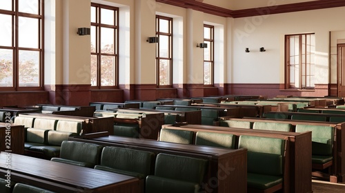 Empty university classroom with desks and chairs arranged in rows, large windows and natural daylight. The spacious academic interior provides a clean setting for education and learning.