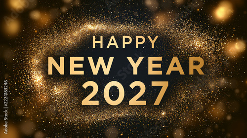 Luxurious 2027 Happy New Year with Gold Sparkling Dust and Bokeh Lights