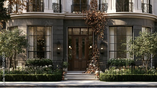 Hotel facade with large windows, exterior stairs, landscaped grounds and neatly maintained greenery at the entrance. Architectural exterior scene