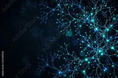 Neural network branches with glowing teal and blue nodes on dark background abstract technology