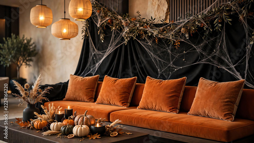 Close up of modern cozy lounge decorated for halloween with burnt orange sofa, white cobweb, autumn garland and pumpkins on table, festive fall interior decoration with warm lantern lighting