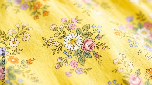 Vintage Floral Embroidered Fabric with Yellow Background and Pink Roses