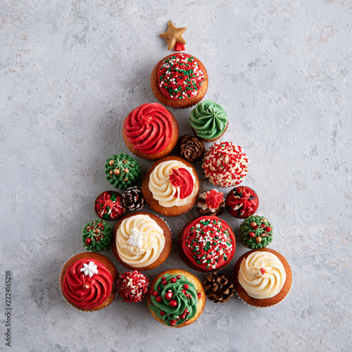 Christmas cupcakes arranged in the shape of a Christmas tree