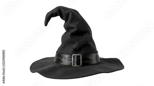 Black witch hat with buckle isolated on transparent background for