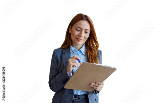 Businesswoman checking details on clipboard, transparent background