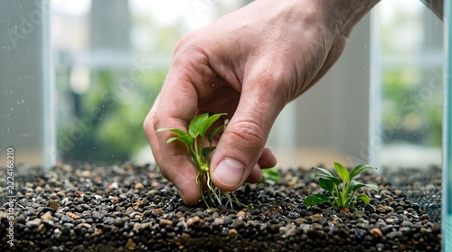 Person planting aquatic green plant in aquarium substrate gravel