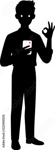 Minimal vector silhouette of a man holding smartphone and making an OK gesture draw