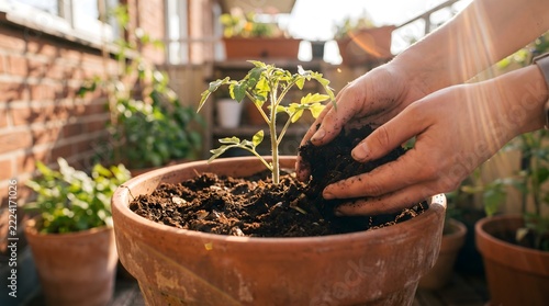 Woman hands planting green seedling in soil on sunny balcony garden