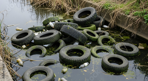 Tires dumped in a canal surrounded by overgrown vegetation  