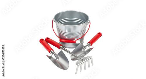Set of metal gardening tools with a small bucket isolated on a white transparent background for landscaping and home planting hobby projects