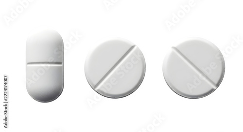 Three various white medical pills isolated on a clean transparent background for pharmaceutical healthcare and clinical wellness research use