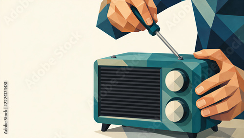 Hands tightening a screw on a retro radio with a screwdriver