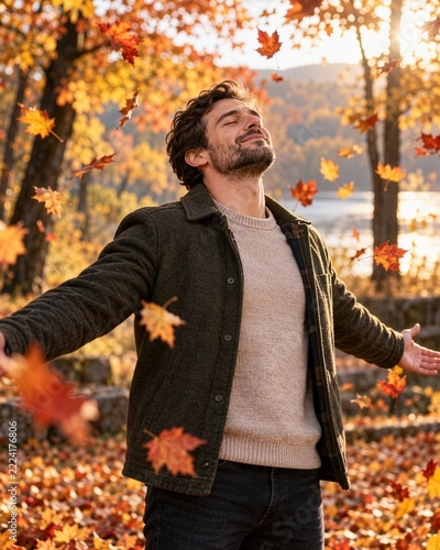 Man enjoying falling autumn leaves with arms outstretched and eyes closed, freedom, inner peace and emotional wellbeing concept