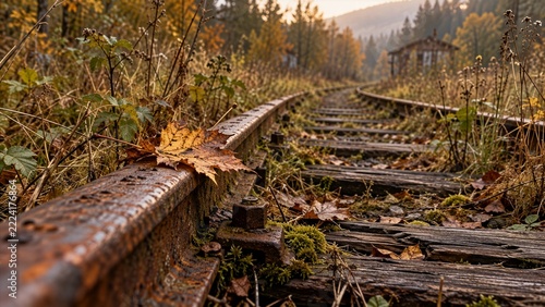 Autumn leaves on abandoned railway tracks in overgrown woodland, seasonal change and passage of time concept