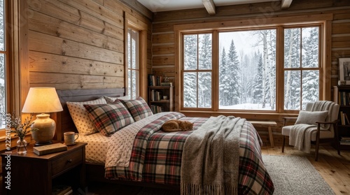 Cozy bedroom interior with wooden walls and plaid bedding overlooking a snowy winter landscape