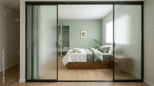 Cozy bedroom with a comfortable bed and light green walls viewed through a modern sliding glass door