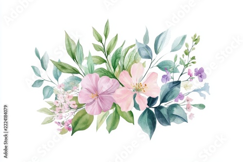 Watercolor floral arrangement with pink blossoms and green leaves isolated on white
