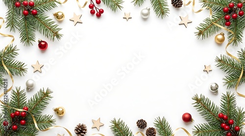 Christmas border frame made of pine branches red berries and golden decorations