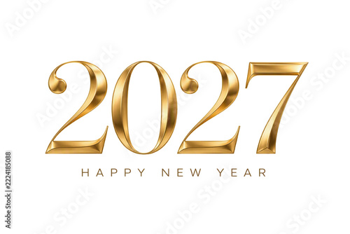 2027 gold metal typography with Happy New Year isolated on white transparent background, New Year banner, PNG