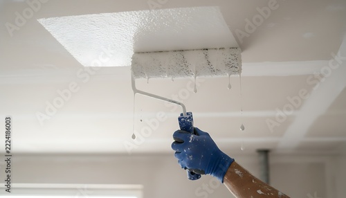 Closeup of a workers hand in a blue glove painting a ceiling with a paint roller, with white paint dripping from the roller