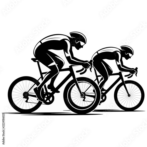 Two helmeted road cyclists in aerodynamic racing posture riding side by side