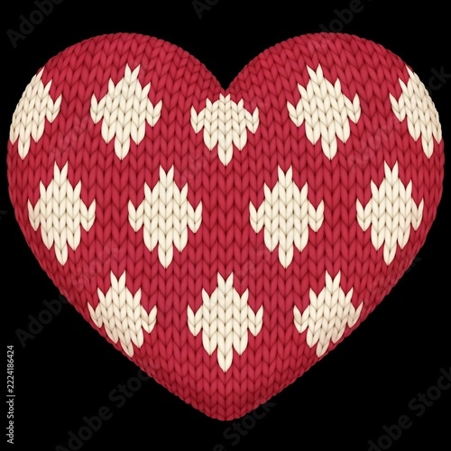 Digitally rendered Nordic knit pattern of a plush red and cream heart, isolated on a black background to evoke warmth and love, ideal for Valentine's or Christmas designs.