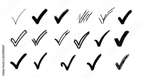 Hand Drawn Check Mark Symbols for Checklists, Approval Processes, Task Completion, Selection, and Verification Vector Illustration.
