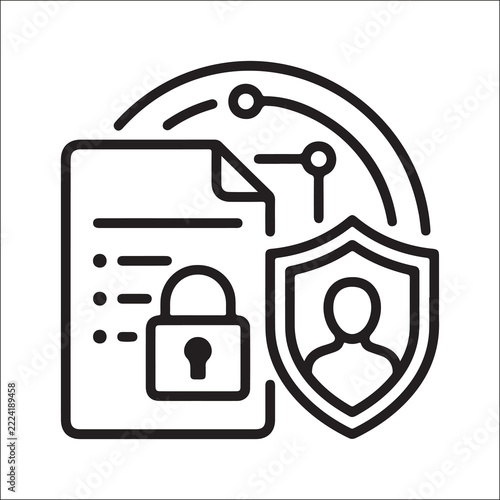 Data privacy and identity protection icon, secure document with padlock and user shield symbol, personal data security and compliance concept, confidential information management illustration, digital